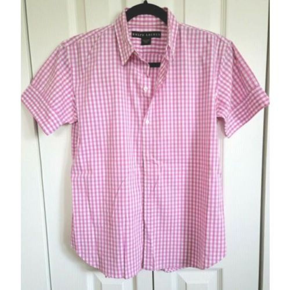Ralph Lauren Boys Sz 10 Pink/White Checked Short Sleeve Gingham Type Shirt NWOT